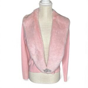 Vintage Cardigan Knit Sweater Small Pink Faux Fur Shawl Collar Retro Glam Soft